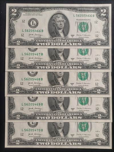 【游宝包邮场】马年第16期 好品组钞场 周六截拍 - 美国-2美元【五连号 SERIES-2017A L56205466~470 全新UNC】