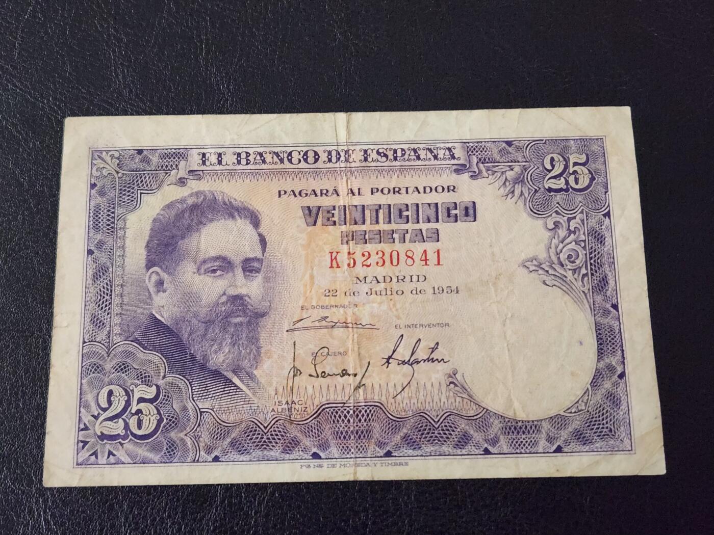3月28号晚上8点 外国纸币自动截拍第47场 西班牙25原票美品