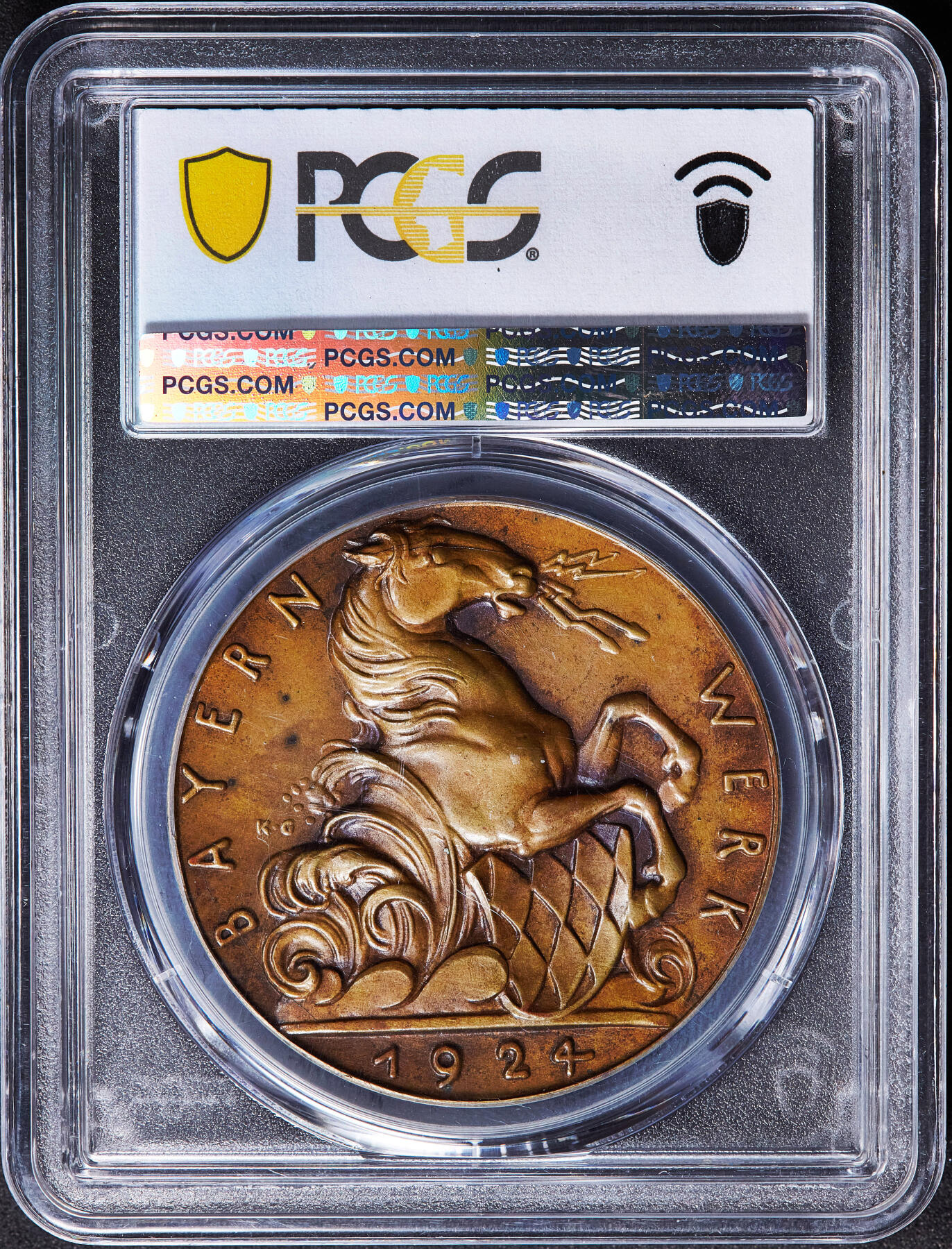 【俄甄集藏】2026年(050)04-01星期三 晚 19:30 全场包邮 德国魏玛1924年纪念巴伐利亚瓦尔兴湖水电站竣工大铜章，PCGS SP63，卡尔·哥茨作品，高浮雕，设计经典，唯一冠军分数，稀有品种