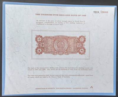 小福收藏拍卖第203期 裸钞场 本期有多张豹子号靓号 仅发行1000枚亚克力砖封蒙古20000图格里克帝国800周年纪念钞 瑞士200法郎 百慕大样钞洋葱冠全套 巴林首版大全套 卡塔尔四张套 越南 保加利亚 马其顿等多国精美纸币 - 澳大利亚 1946年 未发行5先令凹印图样 发行量20000张 有原封 尺寸很大 趣味品种 unc