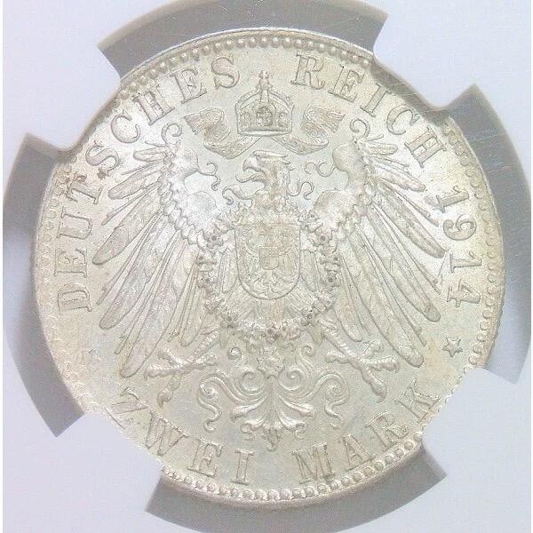 【银】NGC MS62 德国巴伐利亚1914年 路易维希三世2马克银币 开卷原光