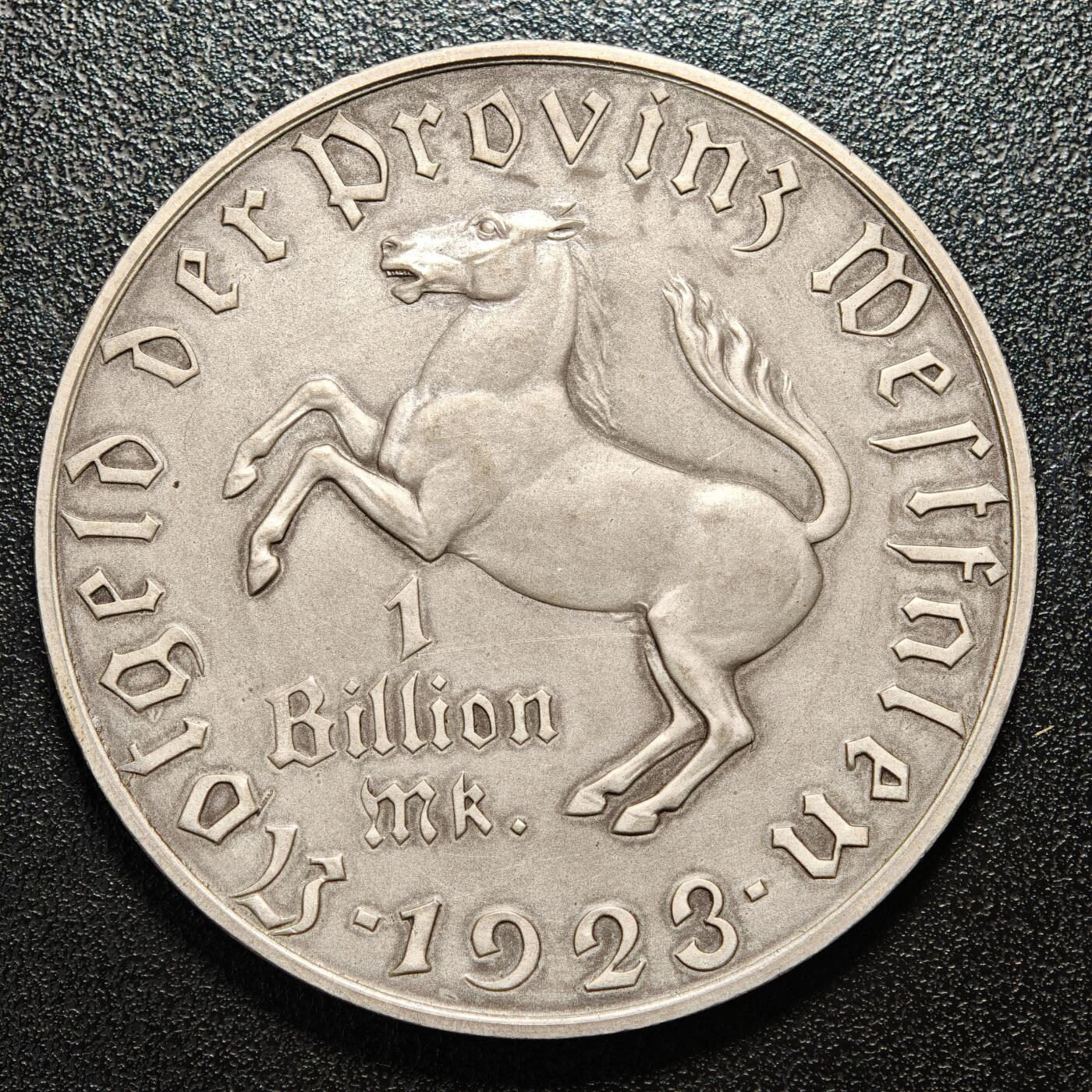 【德藏】世界币章拍卖第169期（拍品征集中~欢迎藏友联系） 1923年 德国德紧威斯特法伦马币1万亿马克 大名誉品 世界上面值最大的硬币 发行量仅一万余枚 状态极佳 直径约：60.1mm；重约：83.7g