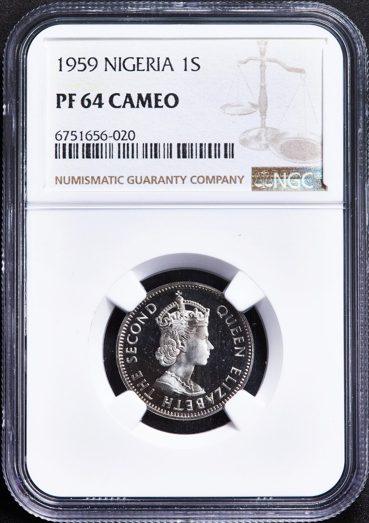【俄甄集藏】2026年(050)04-01星期三 晚 19:30 全场包邮 英属尼日利亚1959年棕榈叶1先令精制硬币，NGC PF64CA，发行量6031枚，稀有品种