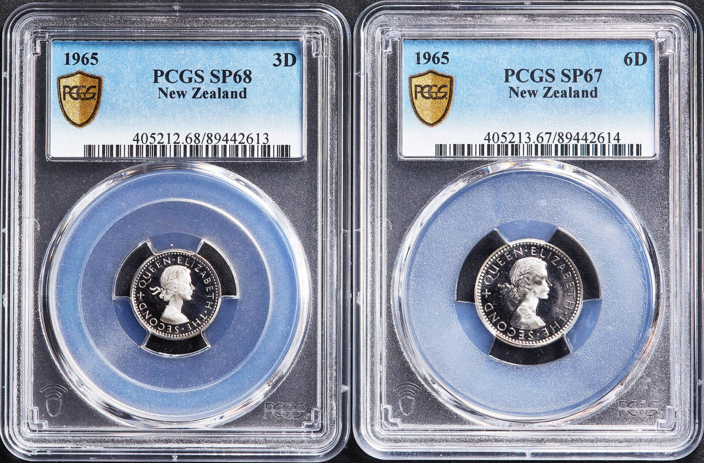 【俄甄集藏】2026年(050)04-01星期三 晚 19:30 全场包邮 新西兰1965年伊丽莎白二世1/2便士-1/2克朗类精制prooflike版硬币7枚一套，PSGS SP65-SP68，共发行25000套，稀少品种