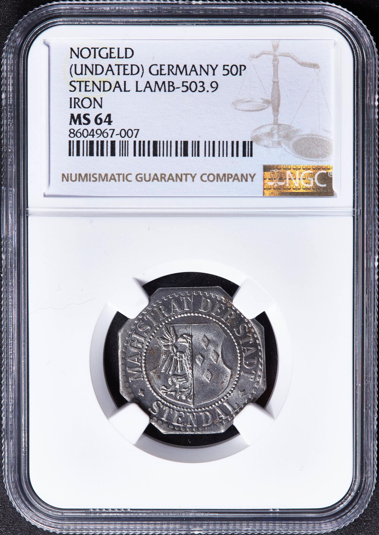 【俄甄集藏】2026年(050)04-01星期三 晚 19:30 全场包邮 德国1920年代紧急时期施滕达尔50芬尼代用铁币，NGC MS64，原光品相，保存难得，少见品种