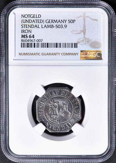 【俄甄集藏】2026年(050)04-01星期三 晚 19:30 全场包邮 - 德国1920年代紧急时期施滕达尔50芬尼代用铁币，NGC MS64，原光品相，保存难得，少见品种