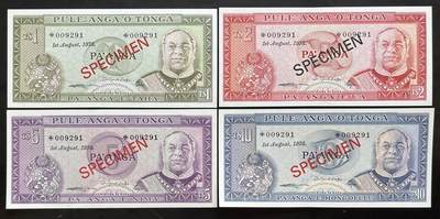 小福收藏拍卖第203期 裸钞场 本期有多张豹子号靓号 仅发行1000枚亚克力砖封蒙古20000图格里克帝国800周年纪念钞 瑞士200法郎 百慕大样钞洋葱冠全套 巴林首版大全套 卡塔尔四张套 越南 保加利亚 马其顿等多国精美纸币 - 汤加 1978年 1 2 5 10番加 样钞 全同号009291 有证书 4张套 10番加有压痕 unc