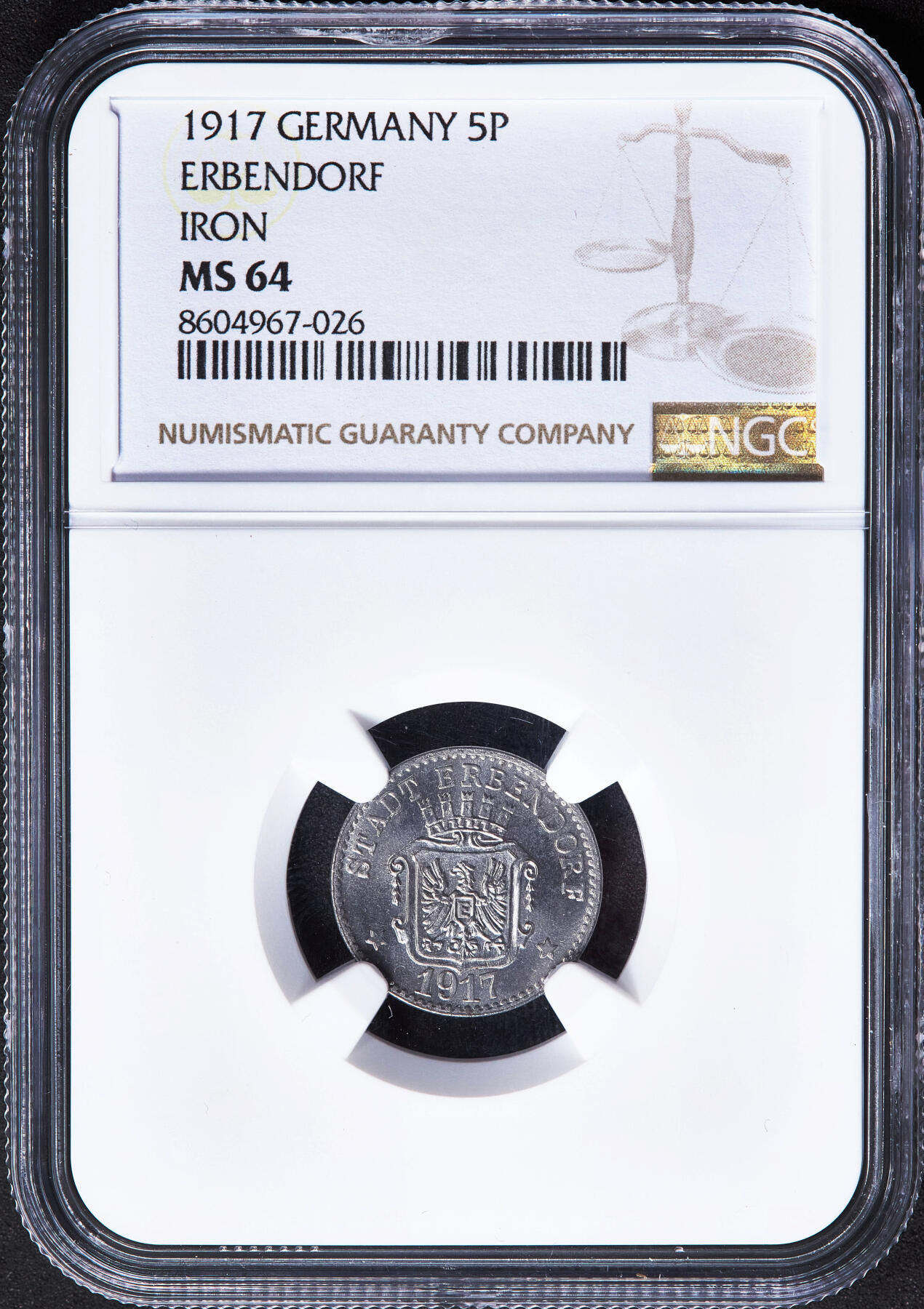 【俄甄集藏】2026年(050)04-01星期三 晚 19:30 全场包邮 德国1917年紧急时期埃尔本多夫5芬尼代用铁币，NGC MS64，转光品相，保存难得，稀有品种