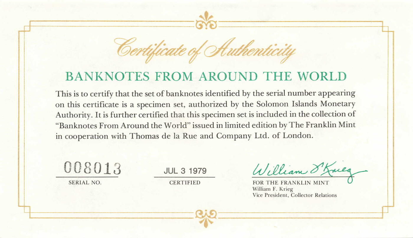 小福收藏拍卖第203期 裸钞场 本期有多张豹子号靓号 仅发行1000枚亚克力砖封蒙古20000图格里克帝国800周年纪念钞 瑞士200法郎 百慕大样钞洋葱冠全套 巴林首版大全套 卡塔尔四张套 越南 保加利亚 马其顿等多国精美纸币 所罗门群岛 1977年 2 5 10元 样钞 全同号008013 有证书和封套 3张套 unc