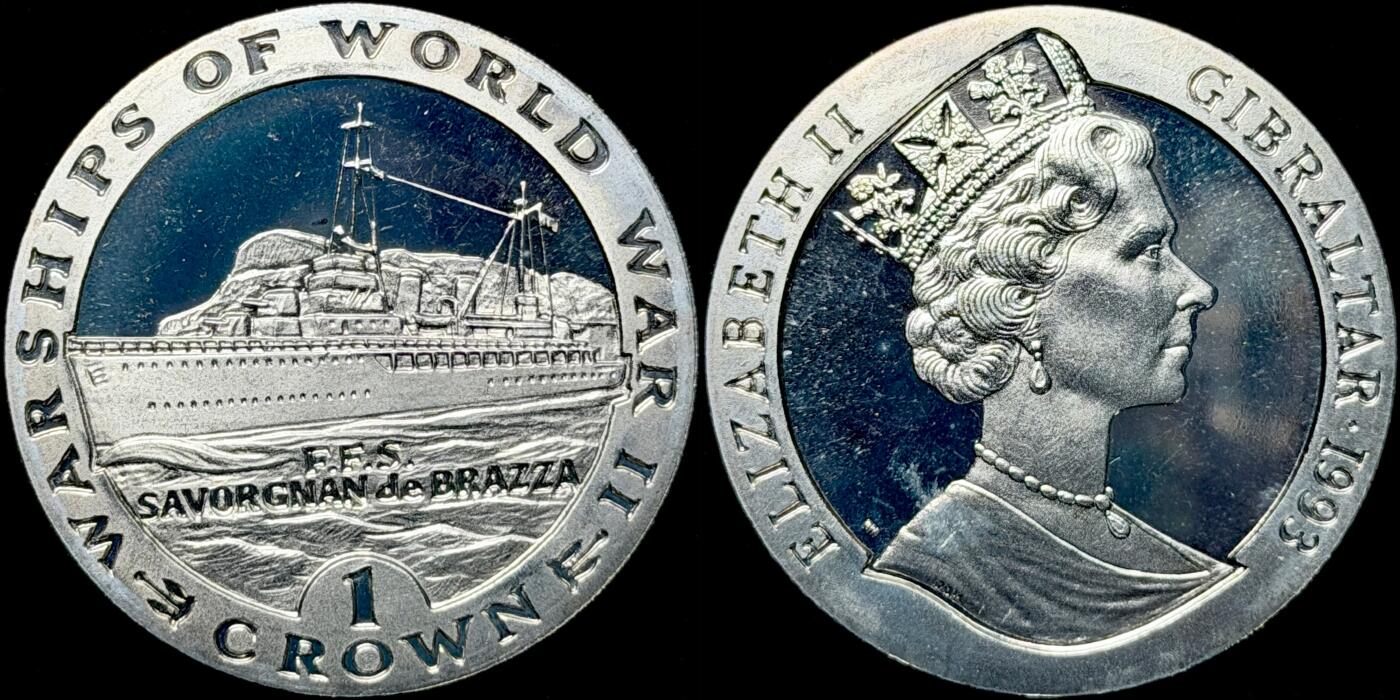 ＜星葵🌻钱币社＞第72期·东奔西走的硬币·3月31日发货 直布罗陀1993年二战战舰·萨沃尼昂·德·布拉扎号1克朗纪念币