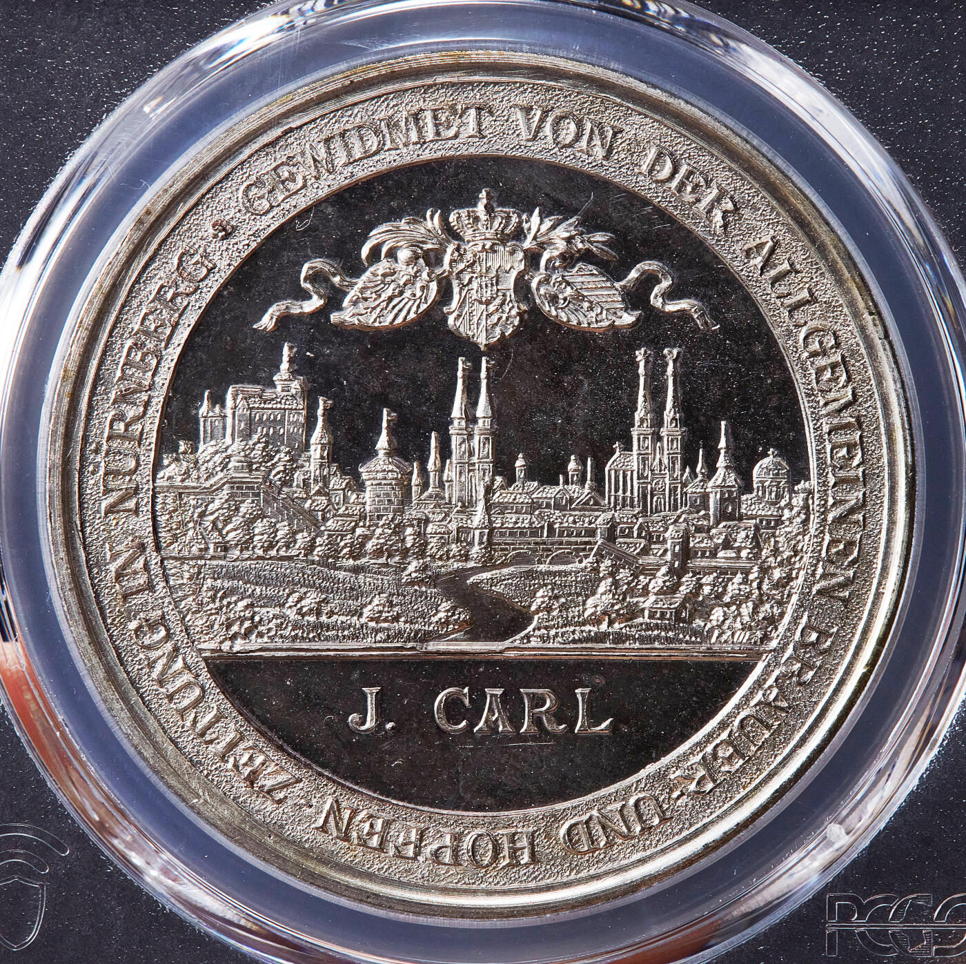 【俄甄集藏】2026年(050)04-01星期三 晚 19:30 全场包邮 德国1896年纽伦堡酿酒协会成立25周年城市景观镀银纪念铜章，PCGS SP64，镜面底板，亚军，设计精美