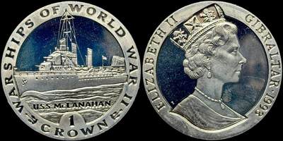 ＜星葵🌻钱币社＞第72期·东奔西走的硬币·3月31日发货 - 直布罗陀1993年二战战舰·麦克拉纳汉驱逐舰1克朗纪念币