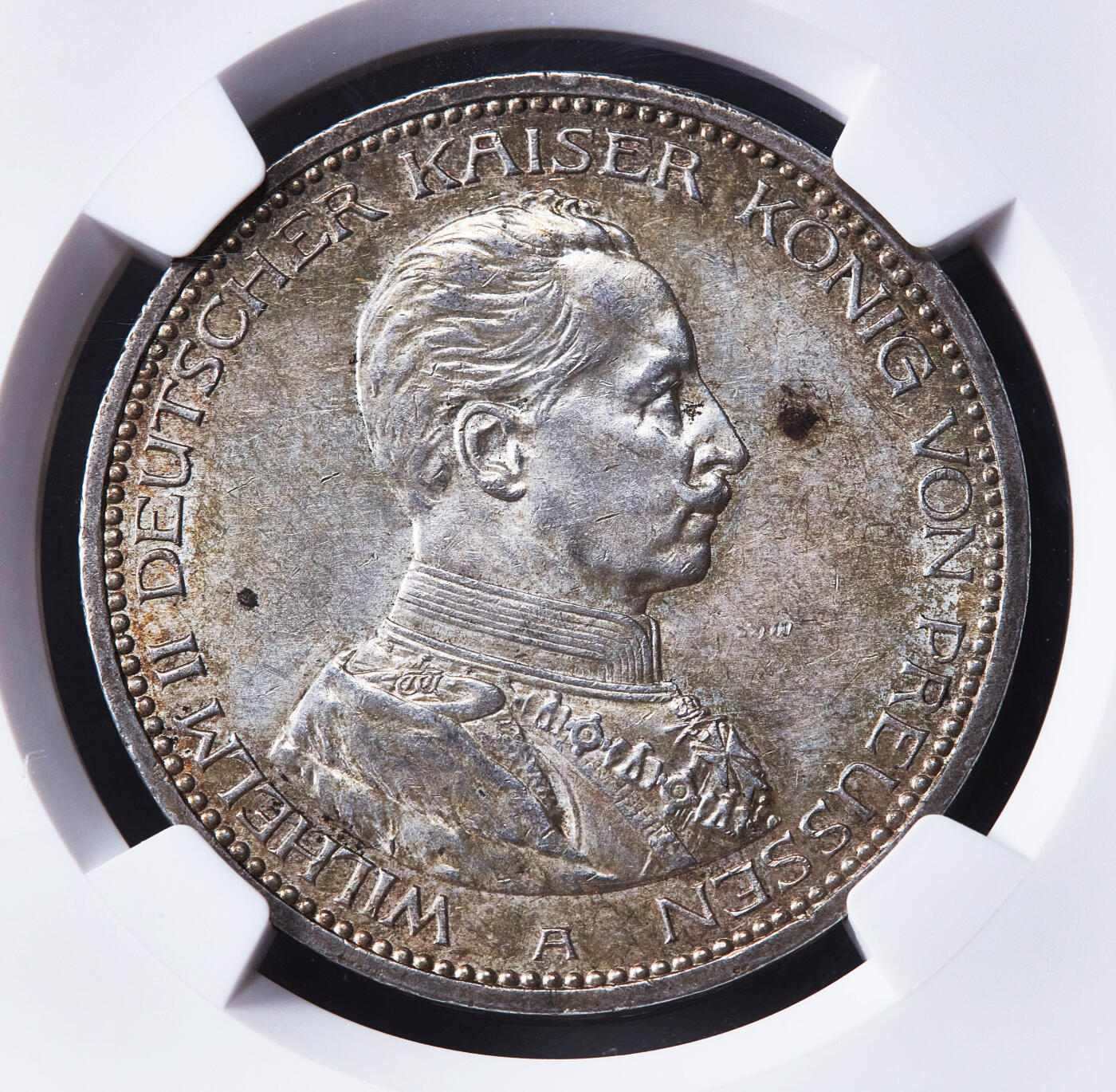 【俄甄集藏】2026年(050)04-01星期三 晚 19:30 全场包邮 德国普鲁士1914年威廉二世A版军装5马克大银币，NGC AU58，黄油彩原味包浆，底光犹存