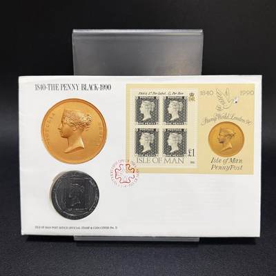 ＜星葵🌻钱币社＞第72期·东奔西走的硬币·3月31日发货 - 〈邮币封〉马恩岛1990年黑便士邮票发行150周年1克朗纪念币