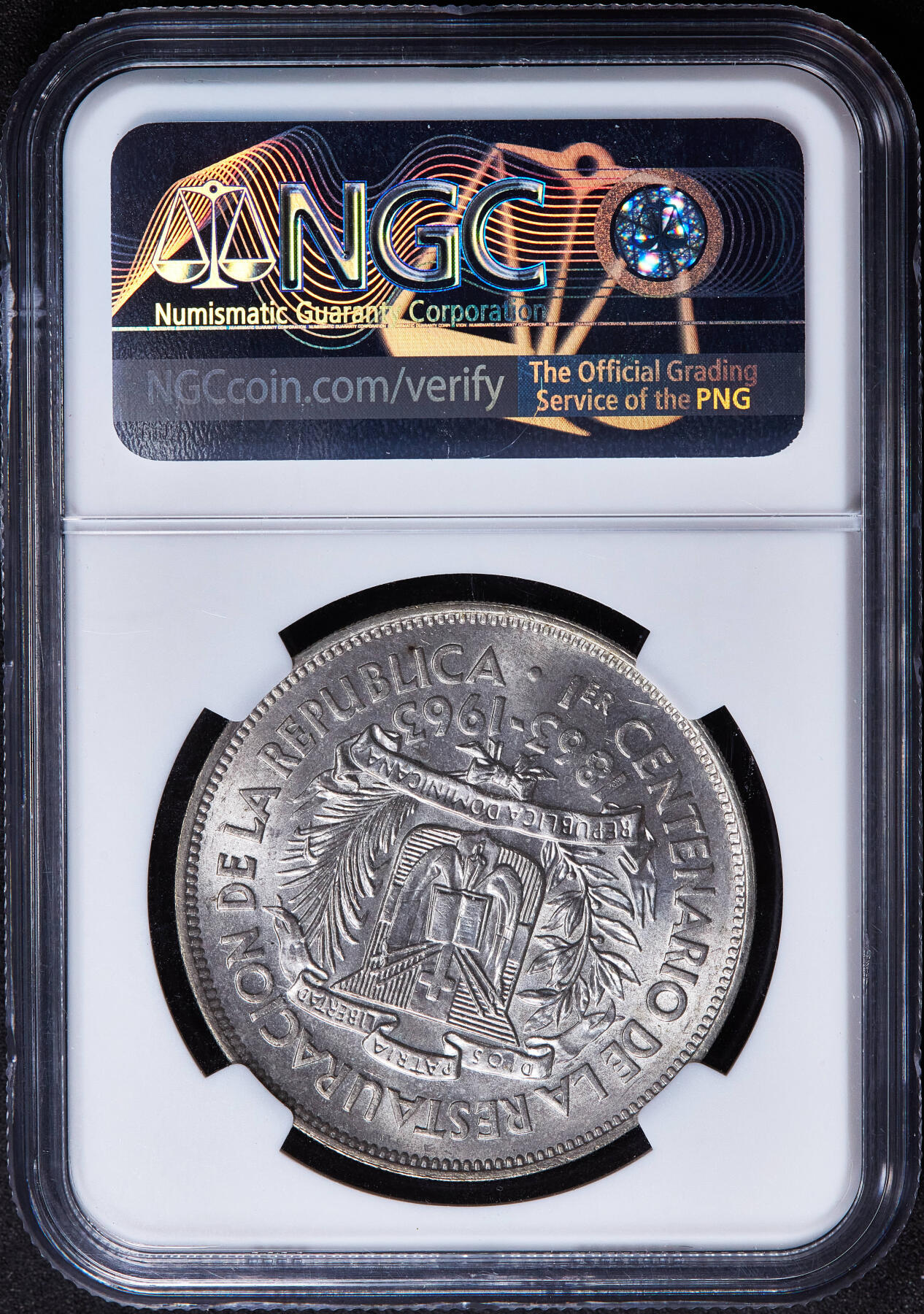 【俄甄集藏】2026年(050)04-01星期三 晚 19:30 全场包邮 多米尼加1963年纪念共和百年1比索大银币，NGC MS64，转光品相，经典品种