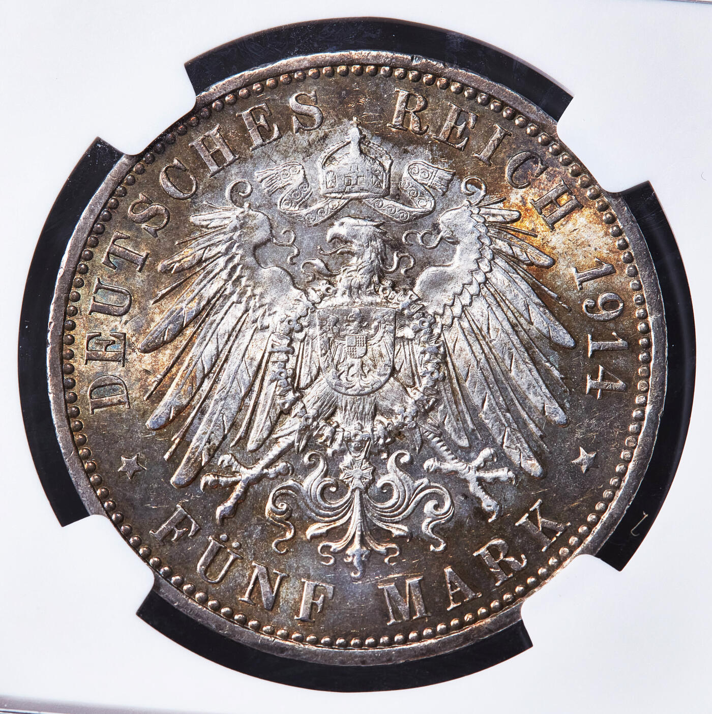 【俄甄集藏】2026年(050)04-01星期三 晚 19:30 全场包邮 德国普鲁士1914年威廉二世A版军装5马克大银币，NGC AU58，黄油环彩，原光品相，底板凝霜，疑似低评