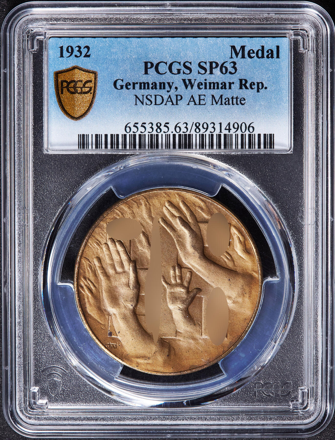 【俄甄集藏】2026年(050)04-01星期三 晚 19:30 全场包邮 德国魏玛1932年政党选举捐赠纪念铜章，PCGS SP63，磨砂底板，原图联系客服或至官网查询