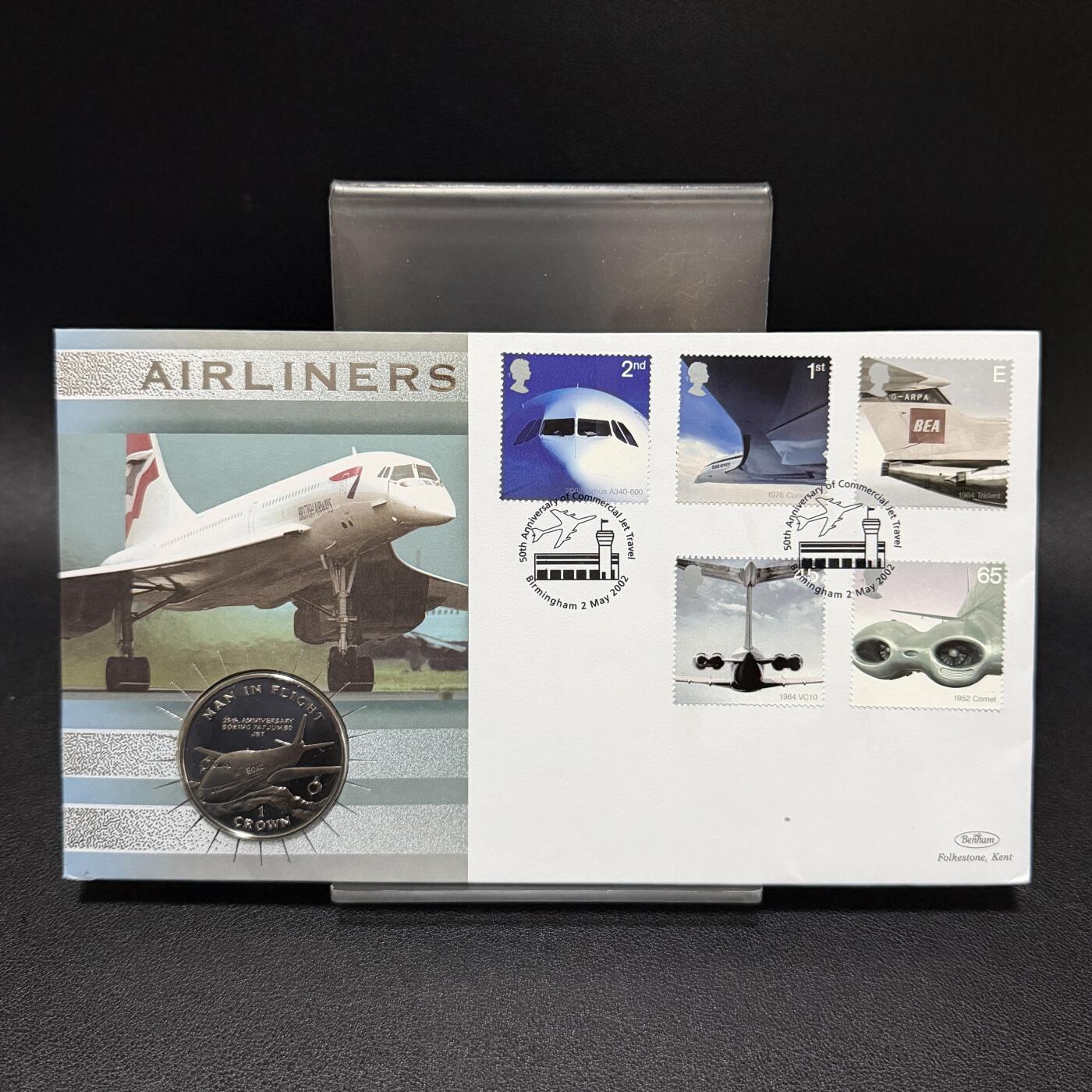 ＜星葵🌻钱币社＞第72期·东奔西走的硬币·3月31日发货 〈邮币封〉马恩岛1995年飞行中的人·波音747喷气式飞机1克朗纪念币