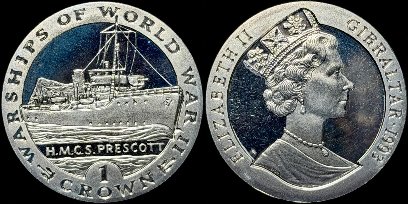 ＜星葵🌻钱币社＞第72期·东奔西走的硬币·3月31日发货 直布罗陀1993年二战战舰·普雷斯科特号1克朗纪念币