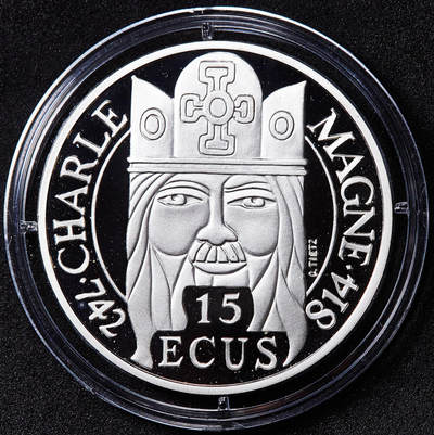 【俄甄集藏】2026年(050)04-01星期三 晚 19:30 全场包邮 - 法国1990年纪念查理曼大帝100法郎-15埃居精制银币，重22.2克，900银，发行量30000枚