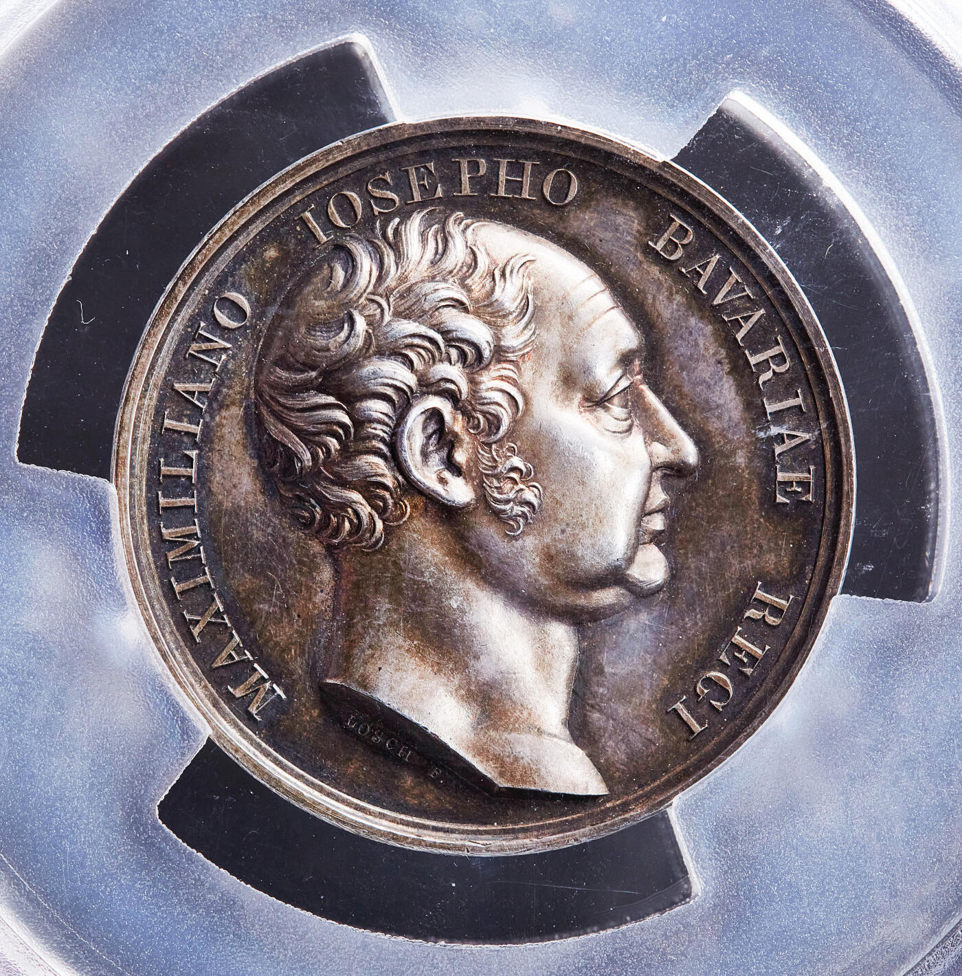 【俄甄集藏】2026年(050)04-01星期三 晚 19:30 全场包邮 德国巴伐利亚1824年纪念国王马克西米利安一世·约瑟夫登基银禧大银章，PCGS SP63，高浮雕，类精制底板，五彩包浆，设计精美，雕刻家弗里德里希·洛施作品，直径：48mm，唯一冠军