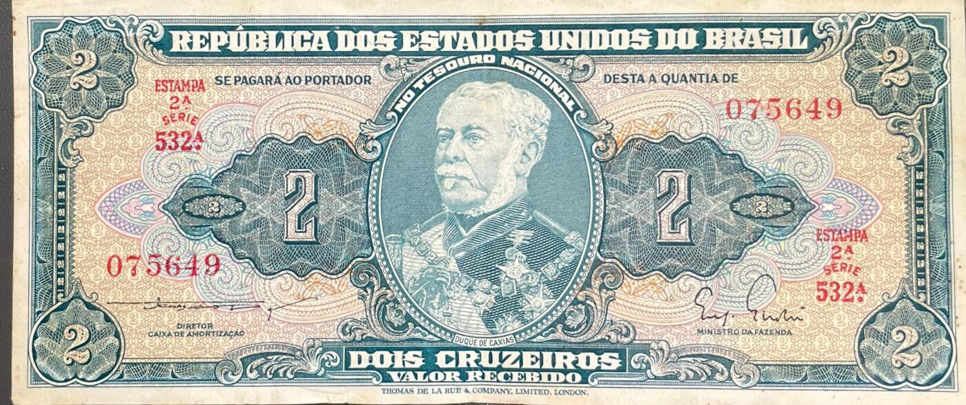 回流0328 巴西合众国（República dos Estados Unidos do Brasil）2克鲁赛罗（Dois Cruzeiros）纸币，由英国伦敦Thomas de la Rue & Company承印，属于20世纪早期版本，是巴西货币史上的经典品种。