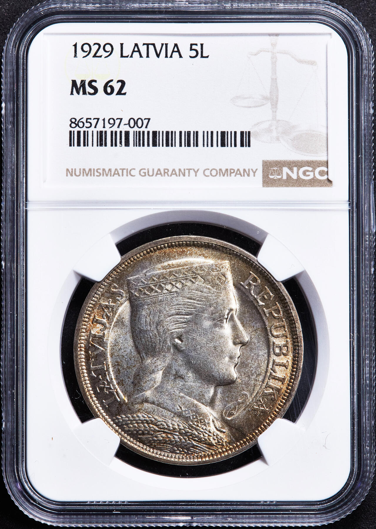 【俄甄集藏】2026年(050)04-01星期三 晚 19:30 全场包邮 拉脱维亚1929年女神版5拉特大银币，NGC MS62，黄油环彩，原光品相，首年份
