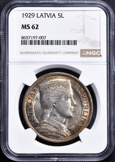 【俄甄集藏】2026年(050)04-01星期三 晚 19:30 全场包邮 - 拉脱维亚1929年女神版5拉特大银币，NGC MS62，黄油环彩，原光品相，首年份