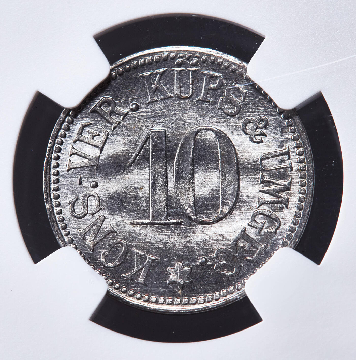 【俄甄集藏】2026年(050)04-01星期三 晚 19:30 全场包邮 德国1920年紧急时期屈普斯及周边地区10芬尼握手代用铁币，NGC MS64，转光品相，保存难得，稀有品种