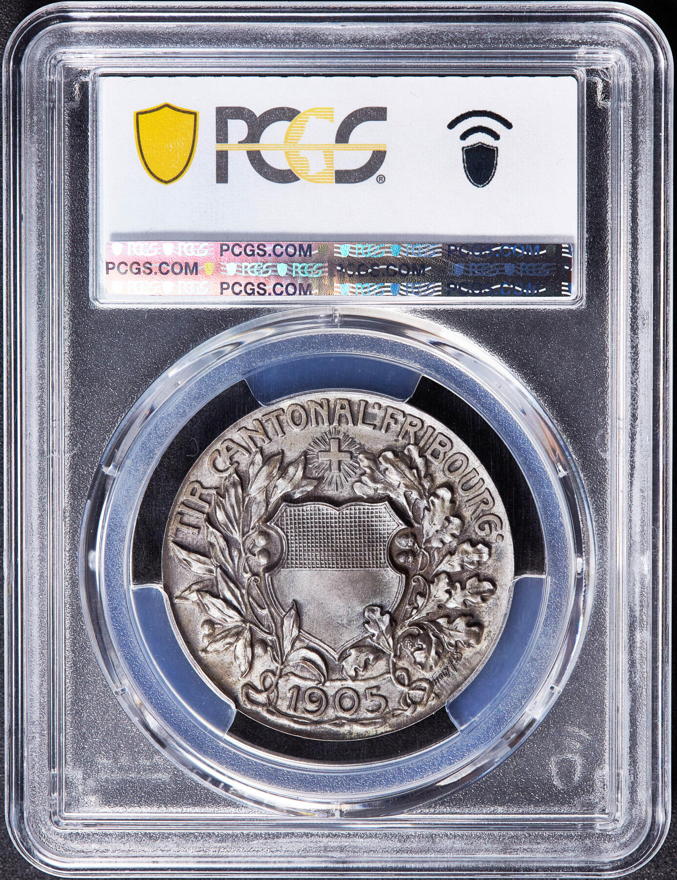 【俄甄集藏】2026年(050)04-01星期三 晚 19:30 全场包邮 瑞士1905年纪念弗里堡射击节银章，PCGS SP65，雕刻家乔治·汉茨作品，胜利女神与城市风光设计精美，原味老包浆，季军