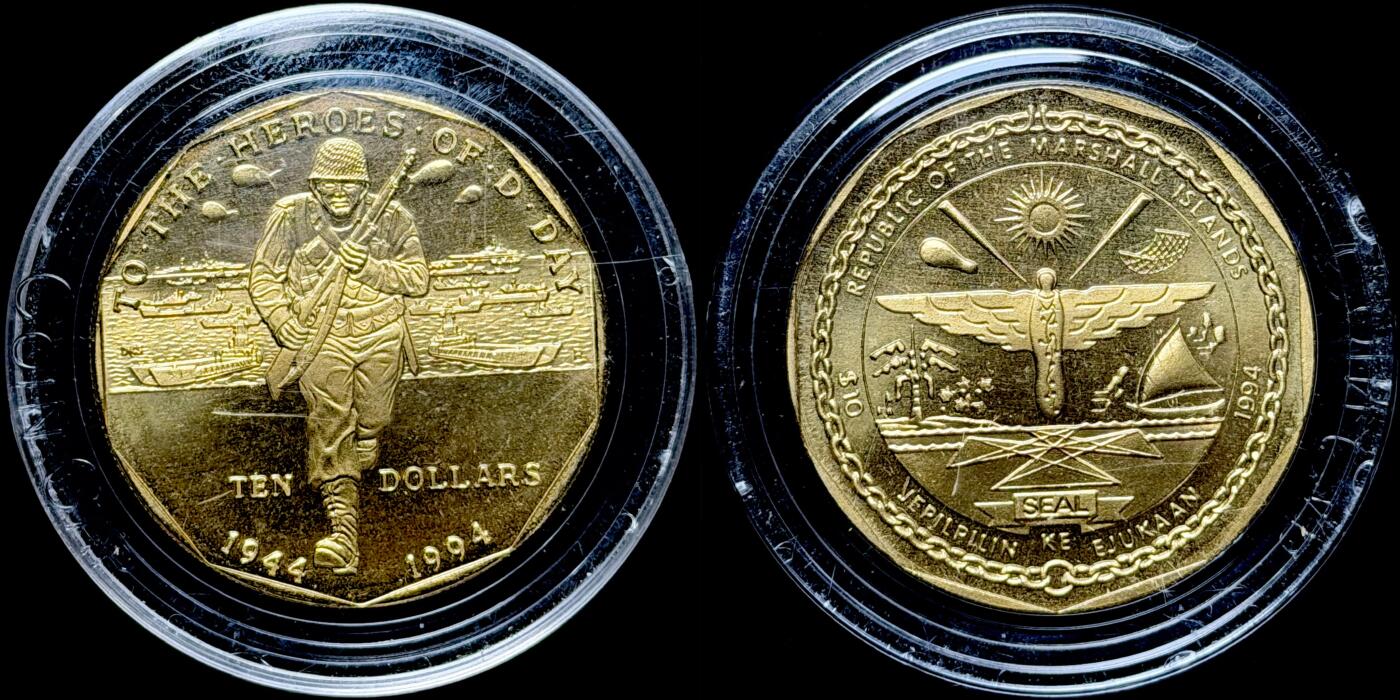 ＜星葵🌻钱币社＞第72期·东奔西走的硬币·3月31日发货 马绍尔群岛1994年诺曼底登陆日10元黄铜类精制纪念币
