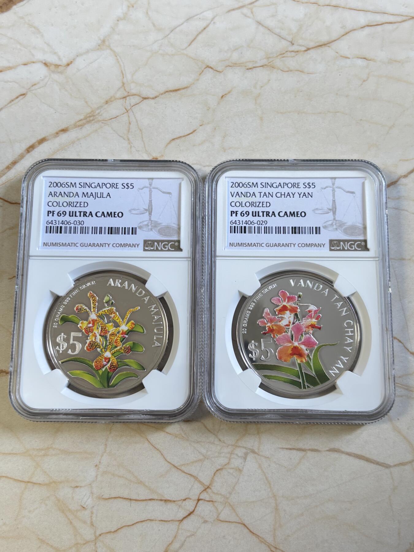 第194期拍卖 新加坡2006年花卉系列彩色1盎司纪念银币2枚套NGC-PF69,999银，1盎司*2