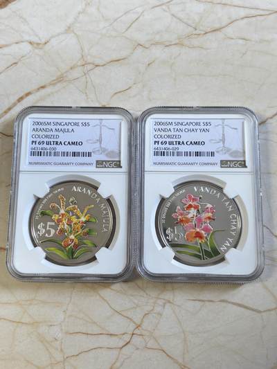 第194期拍卖 - 新加坡2006年花卉系列彩色1盎司纪念银币2枚套NGC-PF69,999银，1盎司*2