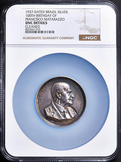 【俄甄集藏】2026年(050)04-01星期三 晚 19:30 全场包邮 - 巴西1937年纪念工业巨头、巴西现代工业奠基人弗朗切斯科·马塔拉佐伯爵逝世大银章，NGC UNCD，五彩包浆，高浮雕，十分厚重，直径52mm，重：83克，少见品种，标签错误