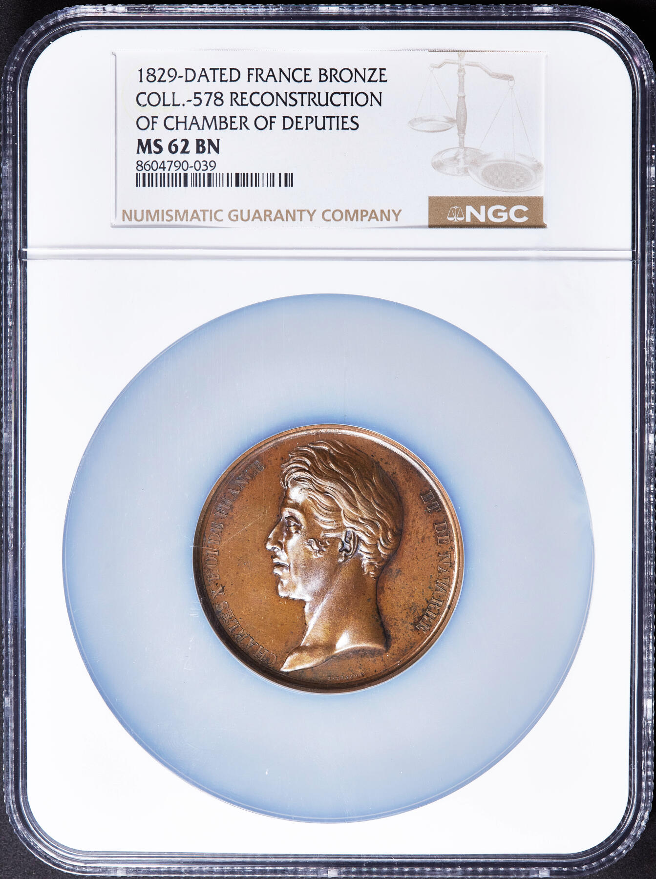 【俄甄集藏】2026年(050)04-01星期三 晚 19:30 全场包邮 法国1829年查理十世头像纪念众议院议事厅重建大铜章，NGC MS62，高浮雕，著名雕刻师加斯帕尔·加朗作品，直径：50mm，少见品种