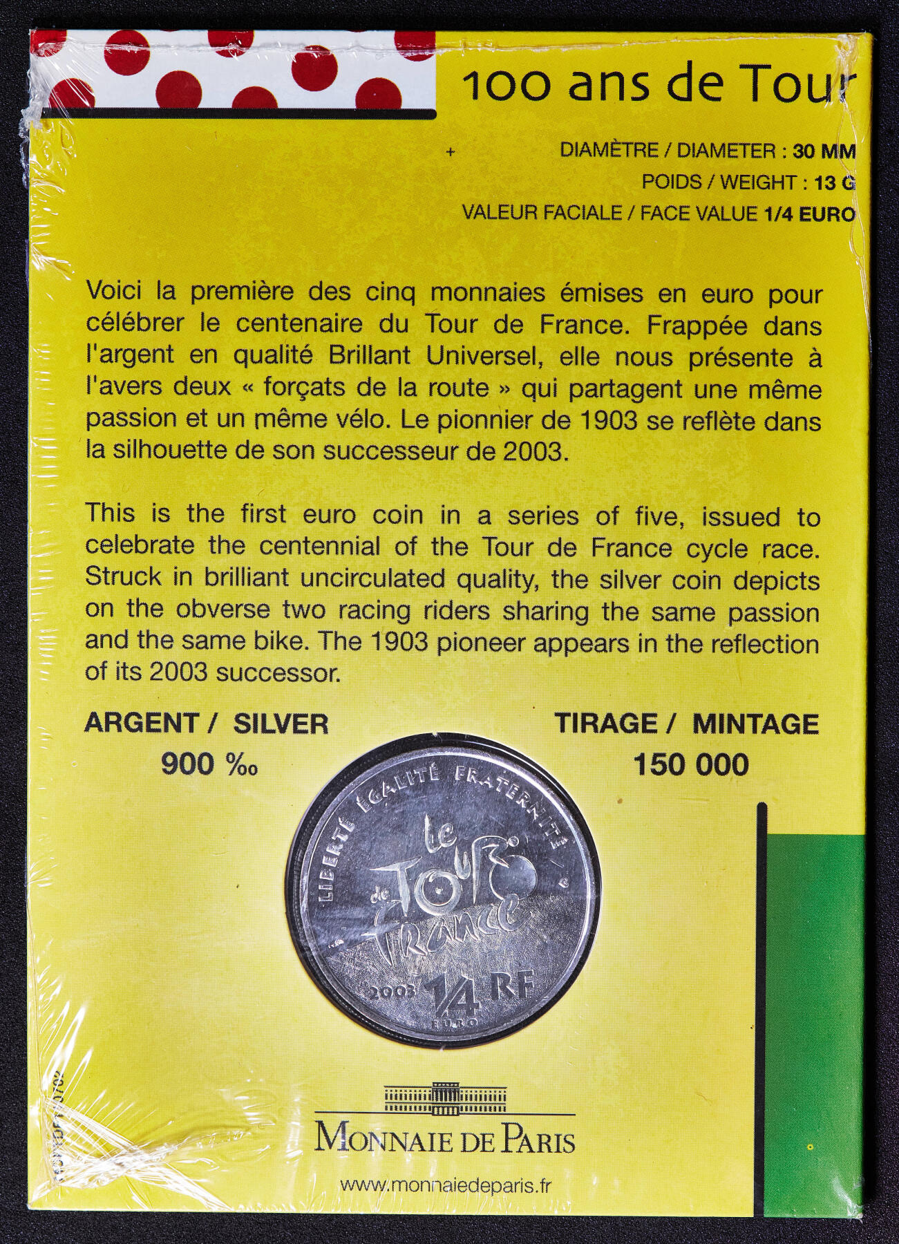 【俄甄集藏】2026年(050)04-01星期三 晚 19:30 全场包邮 法国2003年纪念环法自行车赛100周年1/4欧元卡装银币，重13克，900银，实际发行量71257枚