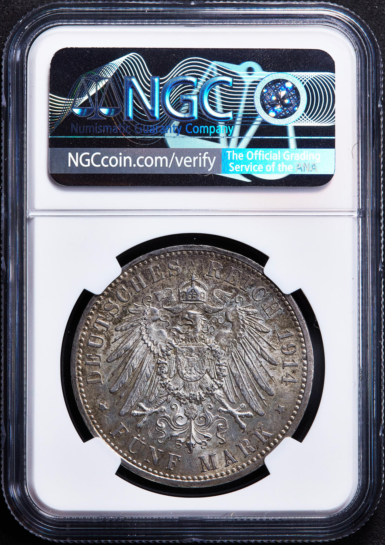 【俄甄集藏】2026年(050)04-01星期三 晚 19:30 全场包邮 德国普鲁士1914年威廉二世A版军装5马克大银币，NGC AU58，黄油彩原味包浆，底光犹存