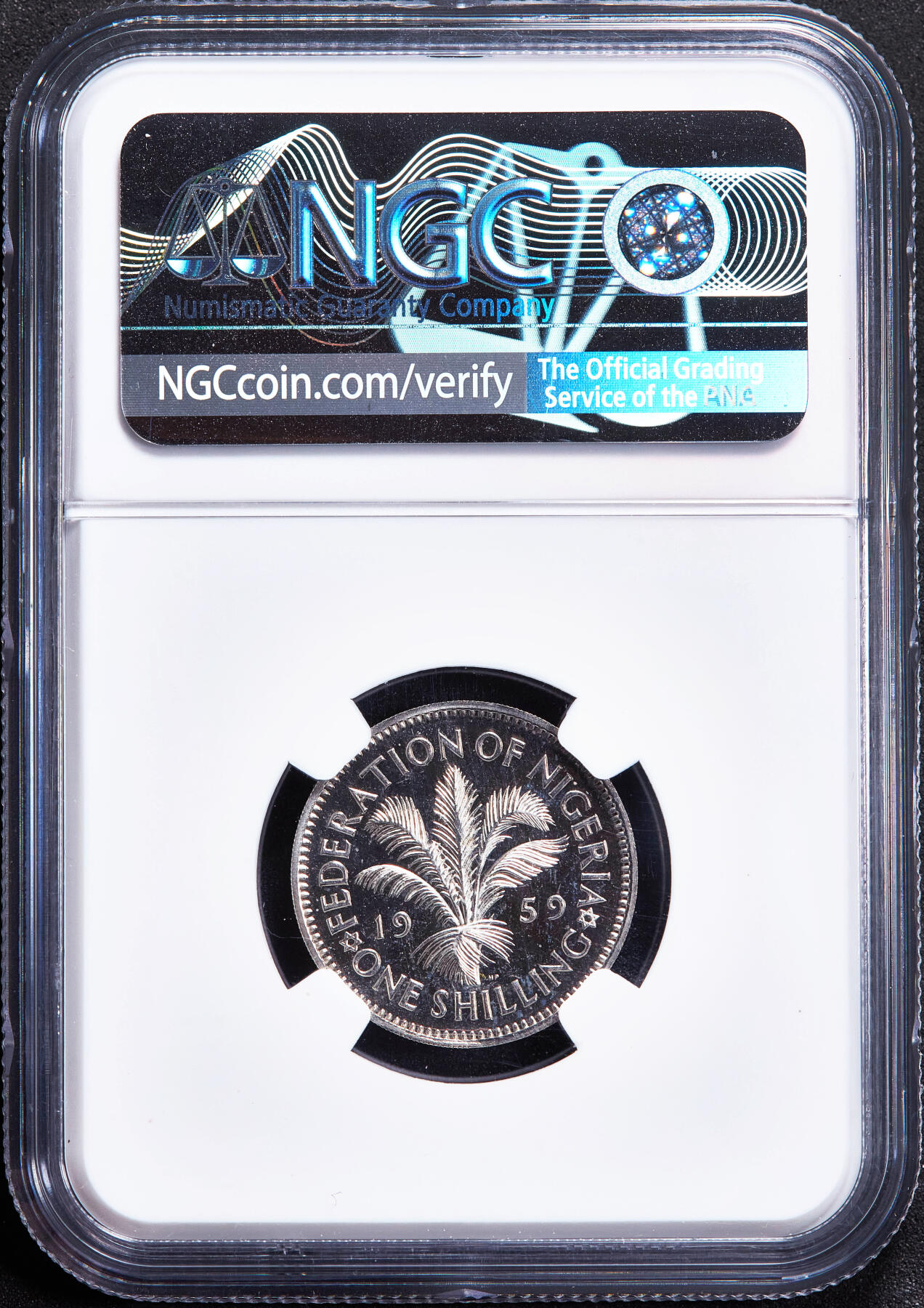 【俄甄集藏】2026年(050)04-01星期三 晚 19:30 全场包邮 英属尼日利亚1959年棕榈叶1先令精制硬币，NGC PF64CA，发行量6031枚，稀有品种