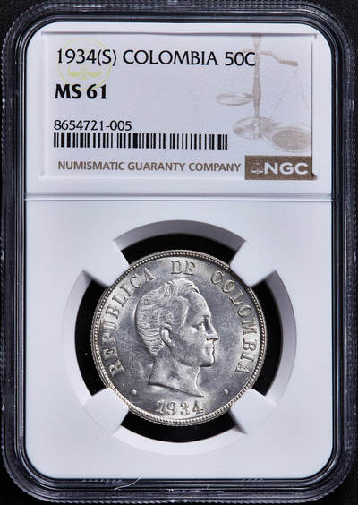 【俄甄集藏】2026年(050)04-01星期三 晚 19:30 全场包邮 - 哥伦比亚1934年美洲独立运动领袖西蒙·玻利瓦尔头像50分银币，NGC MS61，原光品相，好品难得，费城代铸