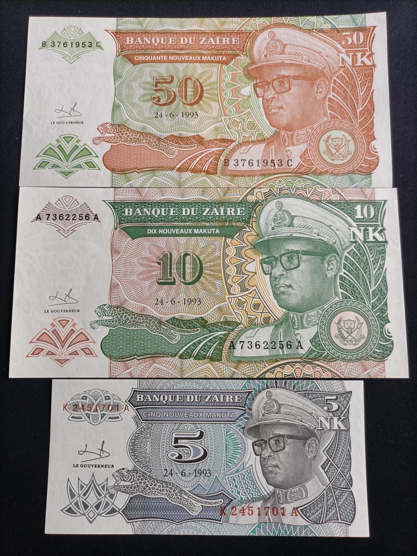 【游宝包邮场】马年第16期 好品组钞场 周六截拍 扎伊尔-50/10/5马库塔【1993年 全新UNC】