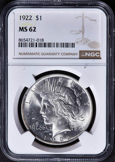 【俄甄集藏】2026年(050)04-01星期三 晚 19:30 全场包邮 - 美国1922年和平1美元大银币，NGC MS62，转光品相