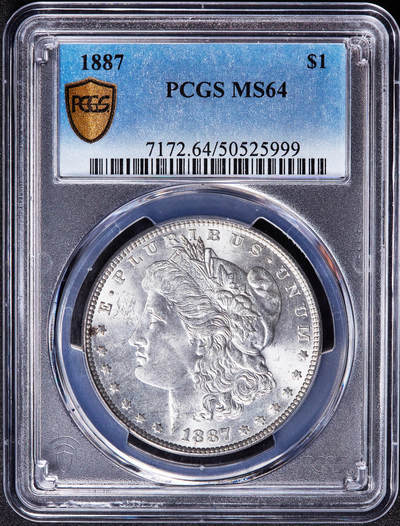 【俄甄集藏】2026年(050)04-01星期三 晚 19:30 全场包邮 - 美国1887年摩根1美元大银币，PCGS MS64，车轮转光