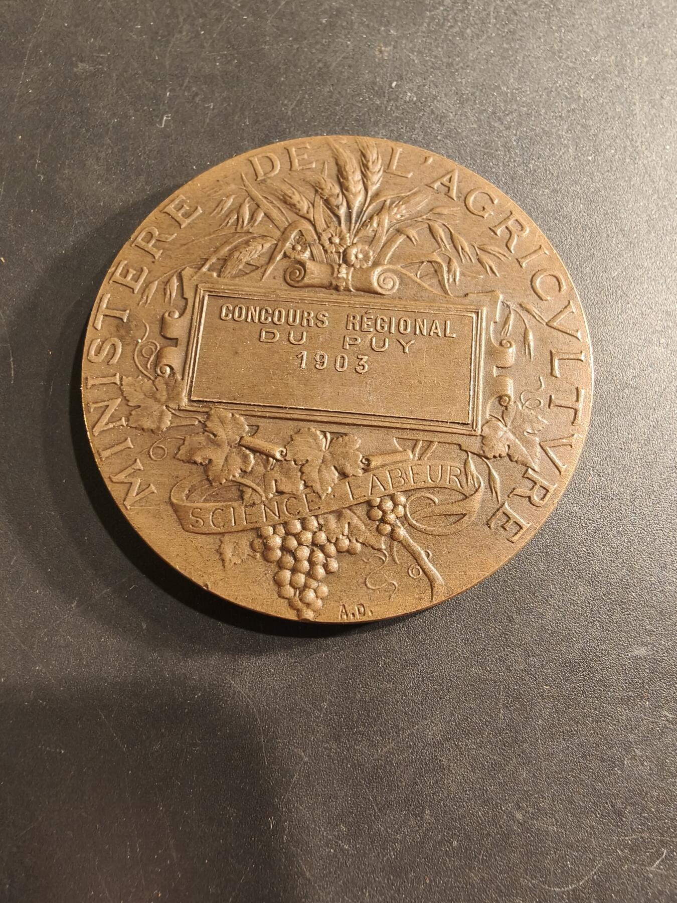 老王徽章第190期 法国农业部地区农业竞赛大铜章      大师阿尔菲·杜布瓦作品     直径50mm     重量59.5g