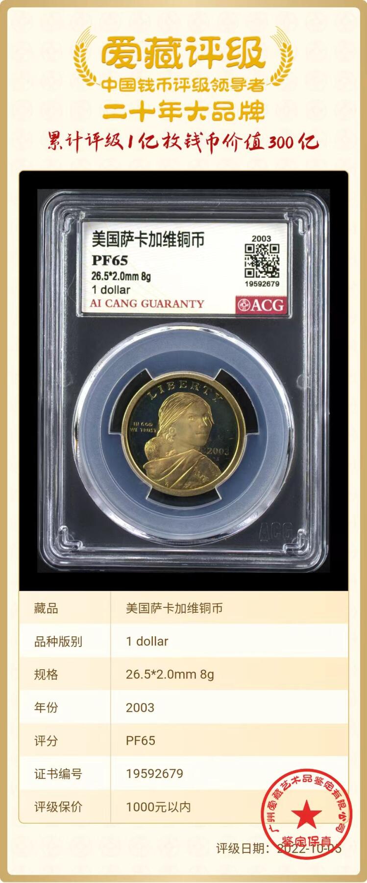 美元硬币 【精制币】美国萨卡加维铜币1美元