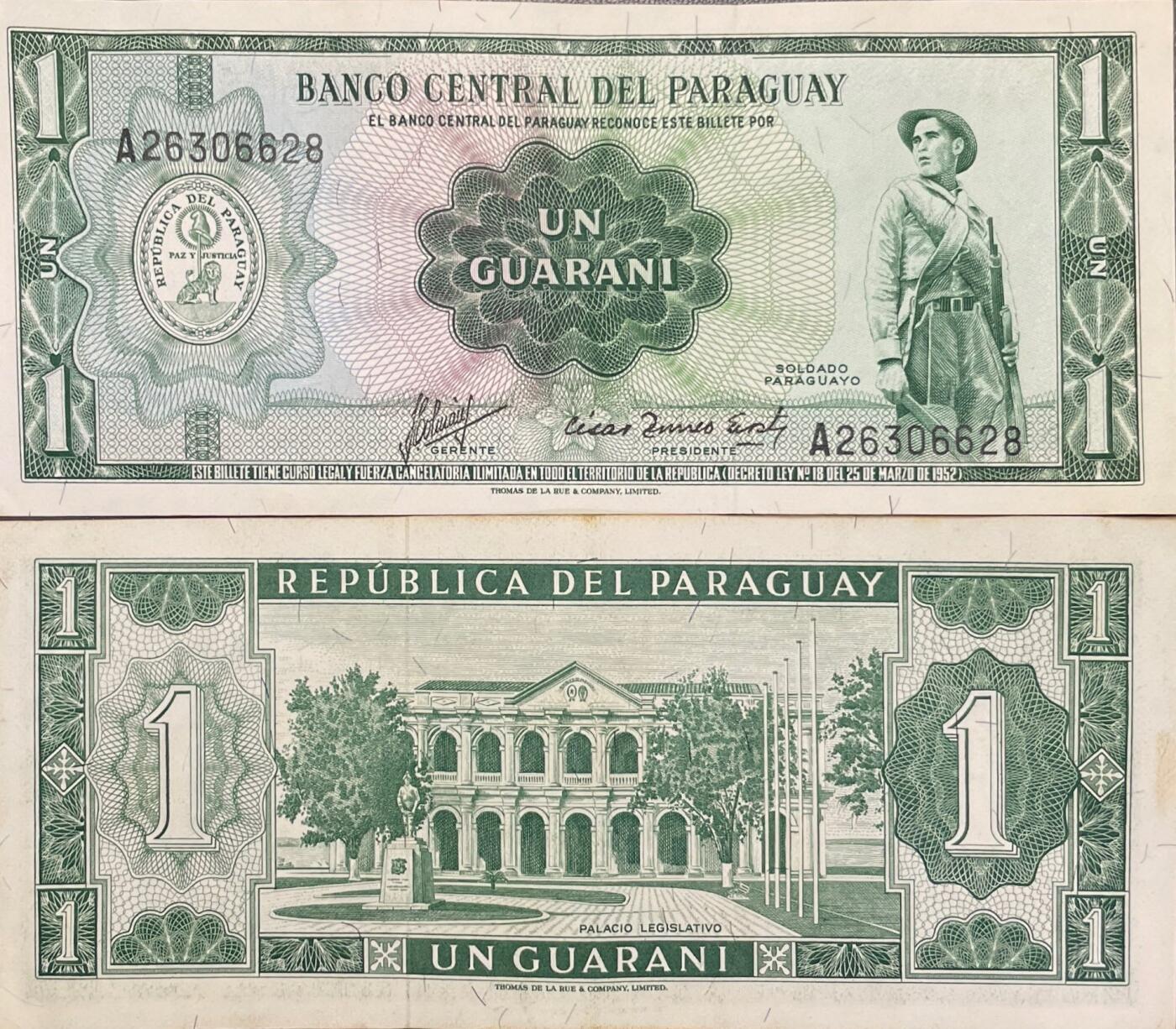 回流0328 巴拉圭中央银行 1瓜拉尼（Un Guarani）纸币，属于1952年版（法令第18号，1952年3月25日颁布），由英国Thomas de la Rue & Company, Limited（德纳罗印钞公司）承印，是巴拉圭近代经典的小面值纸币