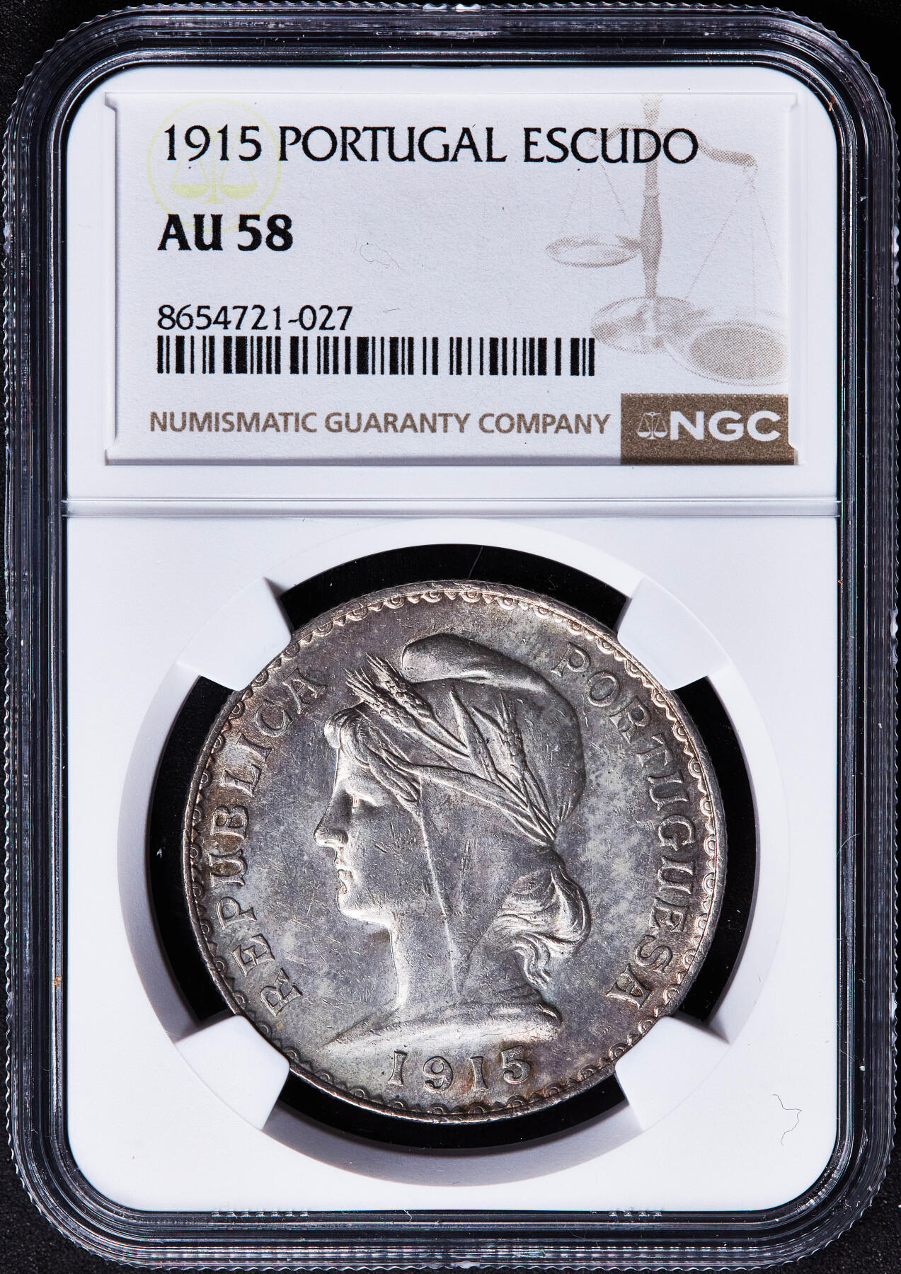 【俄甄集藏】2026年(050)04-01星期三 晚 19:30 全场包邮 葡萄牙1915年女神1埃斯库多银币，NGC AU58，共和后第一版硬币的主币，环彩包浆，原光品相