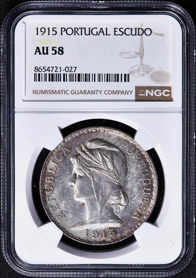【俄甄集藏】2026年(050)04-01星期三 晚 19:30 全场包邮 - 葡萄牙1915年女神1埃斯库多银币，NGC AU58，共和后第一版硬币的主币，环彩包浆，原光品相