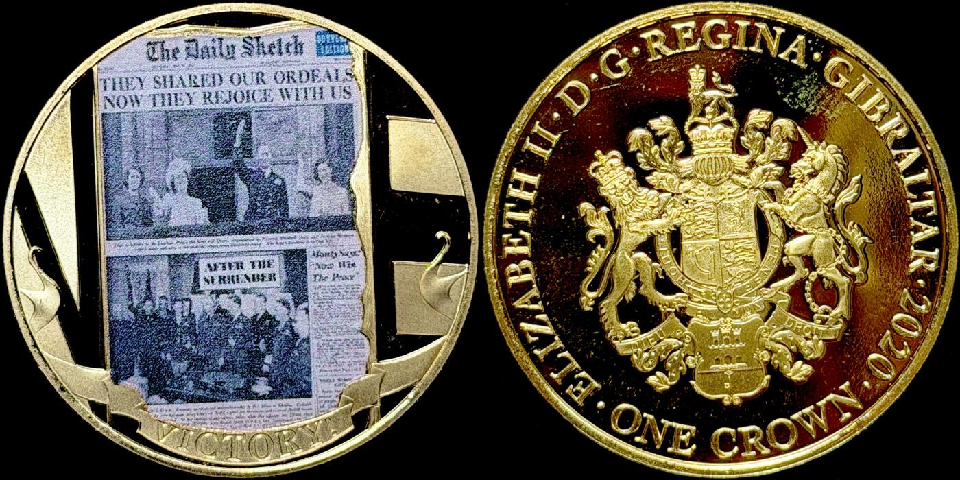 ＜星葵🌻钱币社＞第72期·东奔西走的硬币·3月31日发货 直布罗陀2020年胜利日编年史·每日速写1克朗镀金纪念币