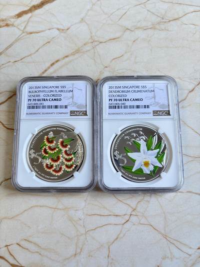 第194期拍卖 - 新加坡2013年花卉系列彩色1盎司纪念银币2枚套NGC-PF70,999银，1盎司*2