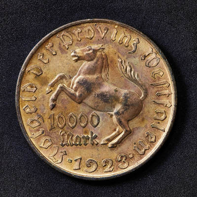 【俄甄集藏】2026年(050)04-01星期三 晚 19:30 全场包邮 - 德国1923年紧急时期威斯特法伦冯·施泰因男爵马币10000马克镀金大铜币，经典品种